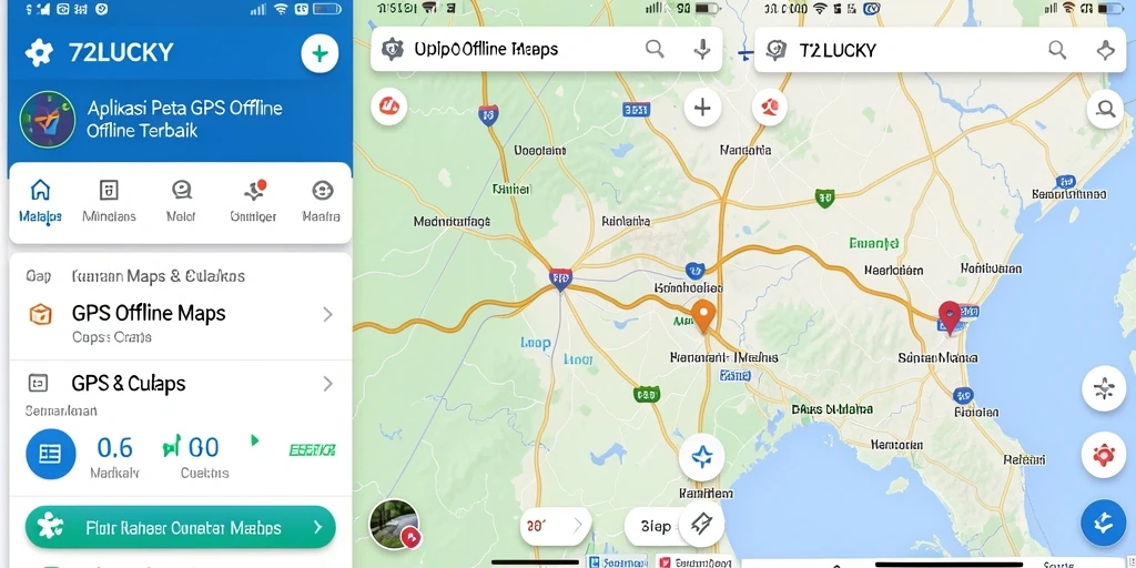 Antarmuka pengguna 72LUCKY dengan peta GPS offline yang detail.