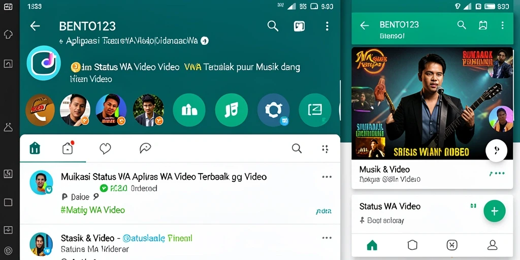 Tampilan antarmuka BENTO123 dengan koleksi video status menarik.